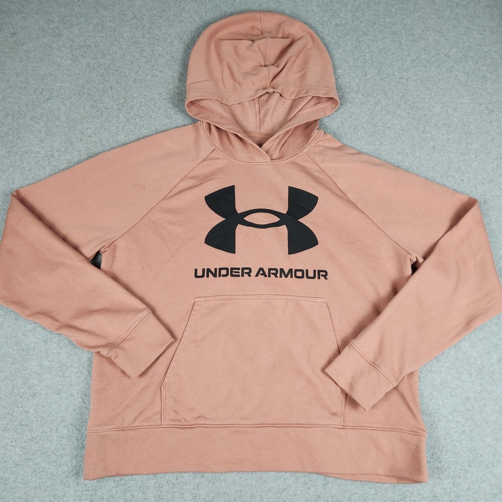 Under Armour Hoodie Womens‎ L Pink Loose Fit Spell Out Logo Pullover Sweatshirt